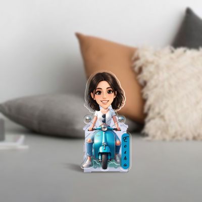 Personalized Scooty Lover Girl Booblehead Caricature for Girls Battery Powered Moving Head Feature Birthday Gift for Daughter, Sister, Mom & Lady Boss Tabletop Decor